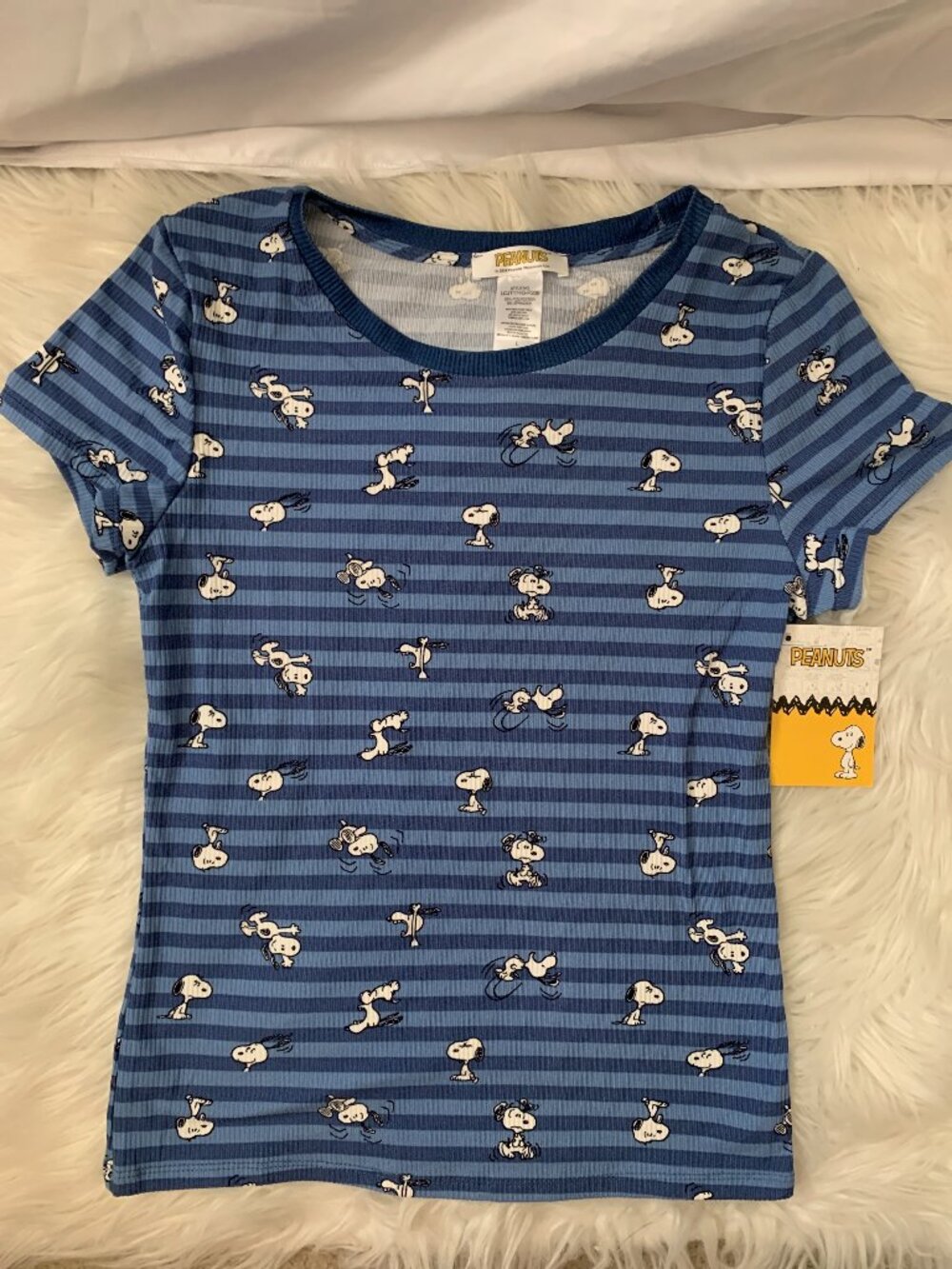 PEANUTS Snoopy Good Grief Striped Ribbed Knit Tee in Blue Sz LARGE